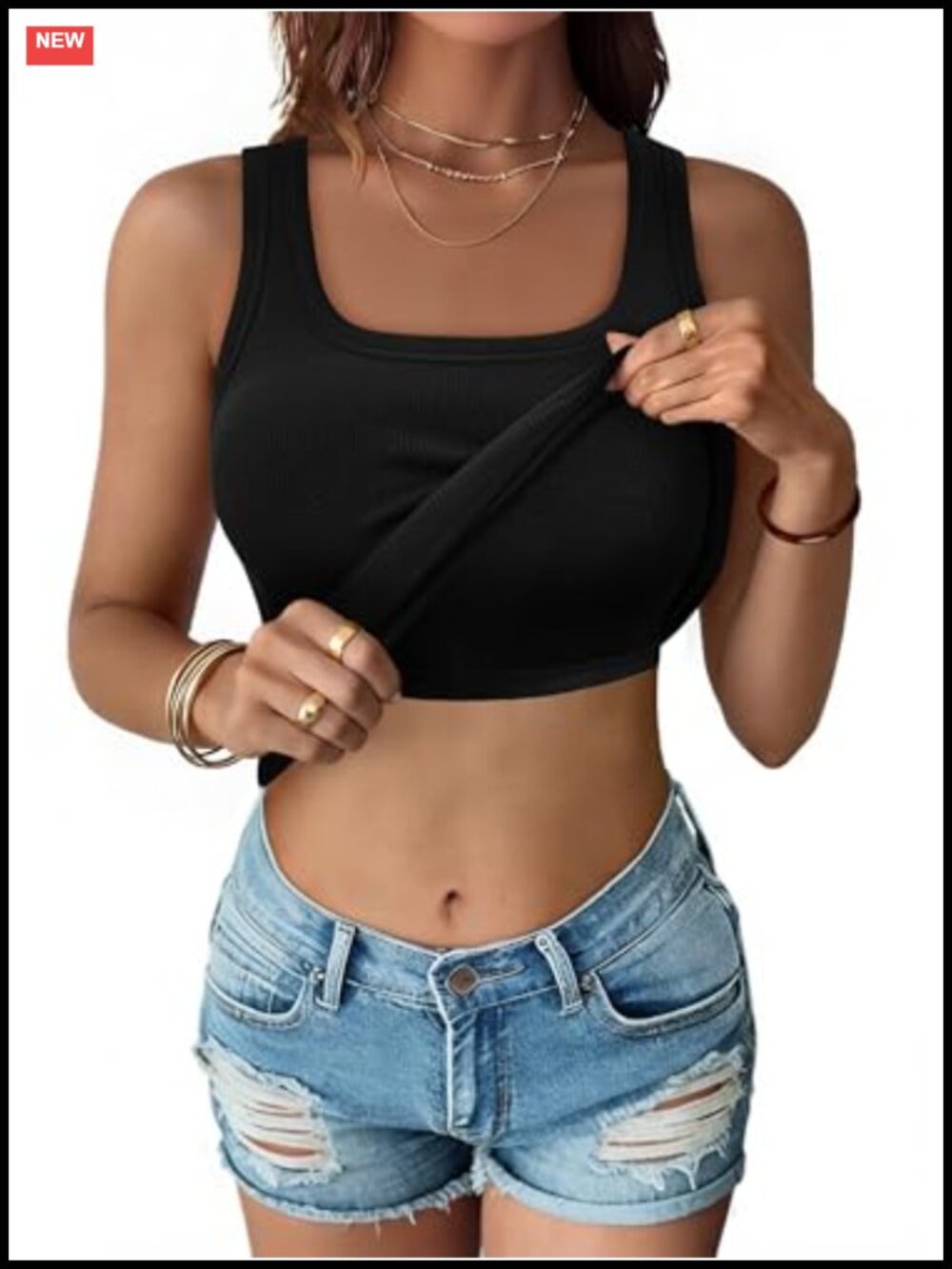 Women's Built-in Bra Tank Top Scoop Neck Sleeveless Ribbed Racerback Summer